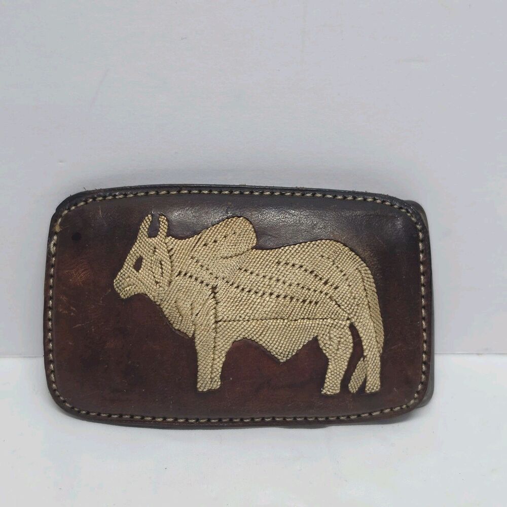 Vintage Unique Brahma Bull Western Belt Buckle Leather with Stitching Embroidery